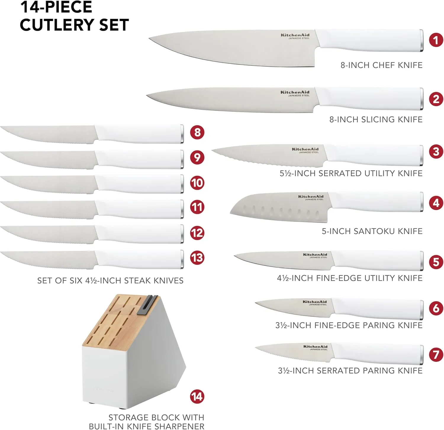 KitchenAid Classic Slim Knife Block Set with Built-In Knife Sharpener, High Carbon Stainless Steel Kitchen Knives, Sharp Kitchen Knife Set with Block, 14-Piece, White