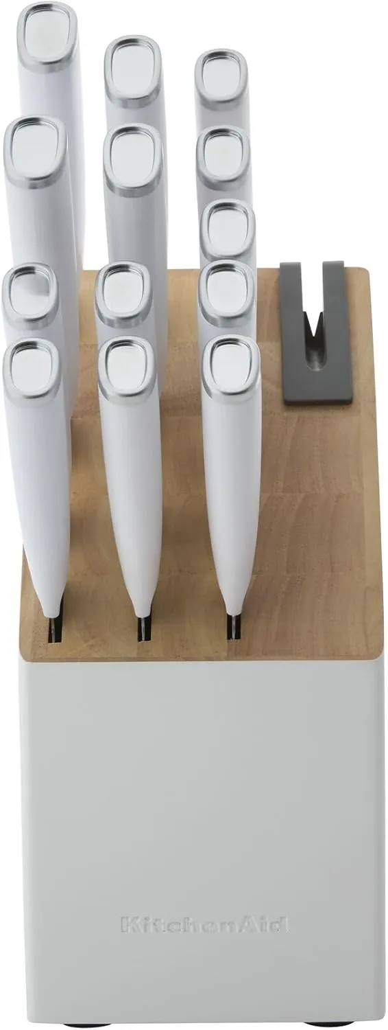 KitchenAid Classic Slim Knife Block Set with Built-In Knife Sharpener, High Carbon Stainless Steel Kitchen Knives, Sharp Kitchen Knife Set with Block, 14-Piece, White