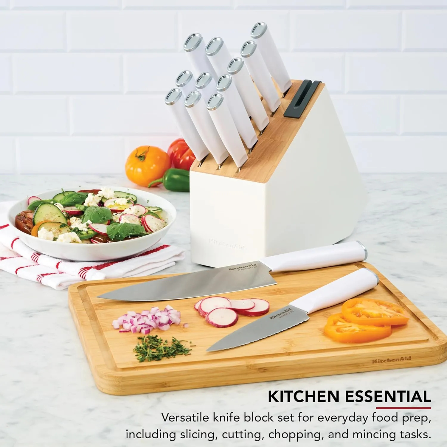 KitchenAid Classic Slim Knife Block Set with Built-In Knife Sharpener, High Carbon Stainless Steel Kitchen Knives, Sharp Kitchen Knife Set with Block, 14-Piece, White