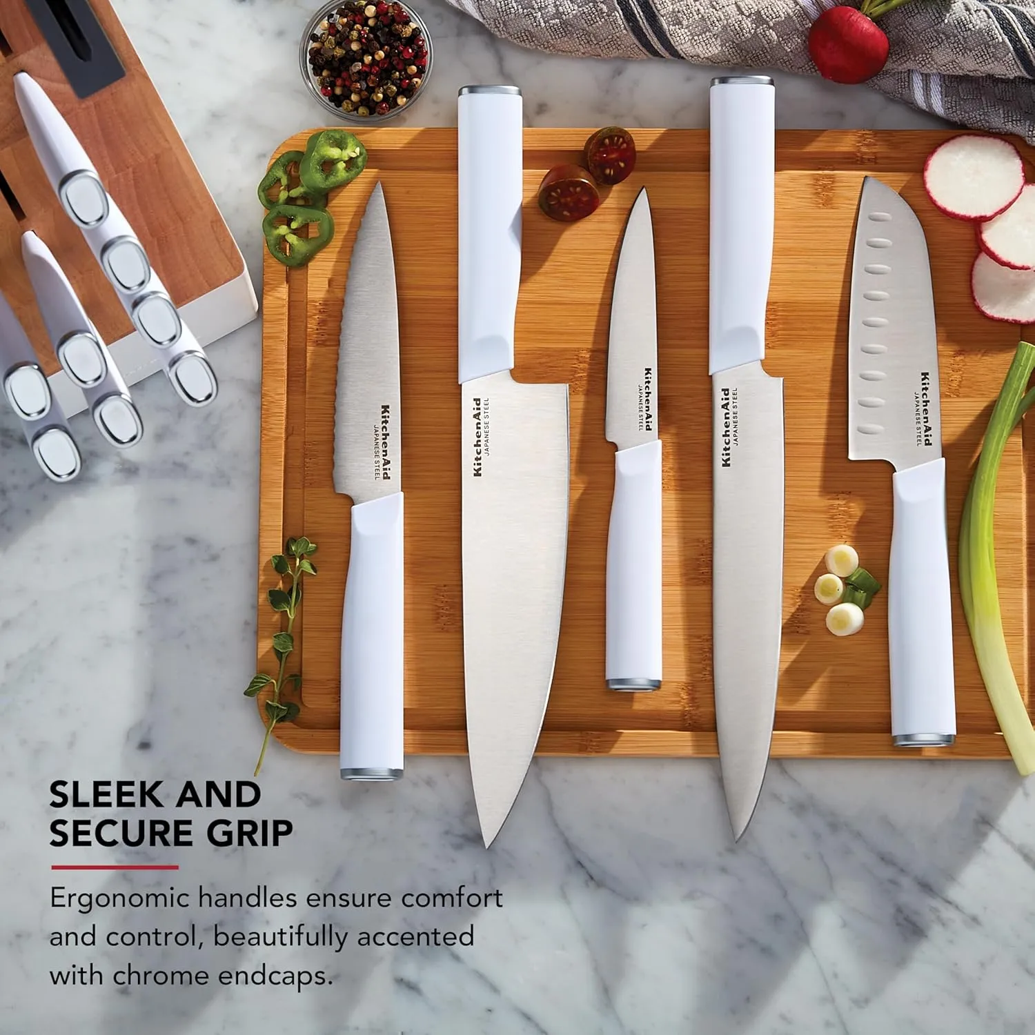 KitchenAid Classic Slim Knife Block Set with Built-In Knife Sharpener, High Carbon Stainless Steel Kitchen Knives, Sharp Kitchen Knife Set with Block, 14-Piece, White