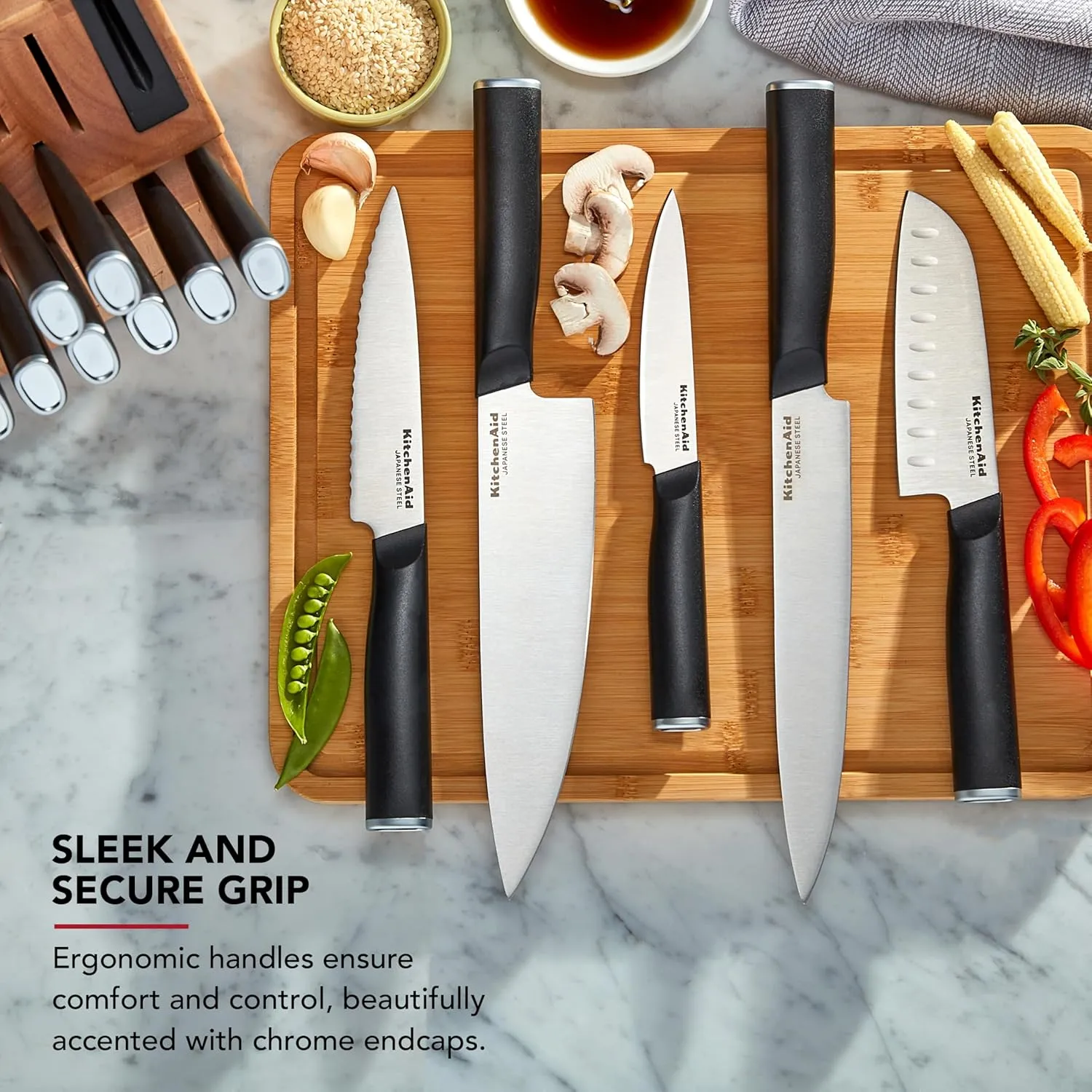 KitchenAid Classic Step Knife Block Set with Built-In Knife Sharpener, High Carbon Stainless Steel Kitchen Knives, Sharp Kitchen Knife Set with Block, 14-Piece, Natural