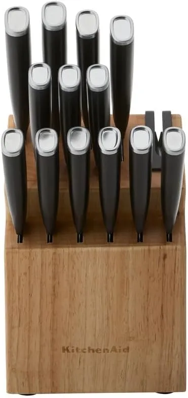 KitchenAid Classic Step Knife Block Set with Built-In Knife Sharpener, High Carbon Stainless Steel Kitchen Knives, Sharp Kitchen Knife Set with Block, 14-Piece, Natural