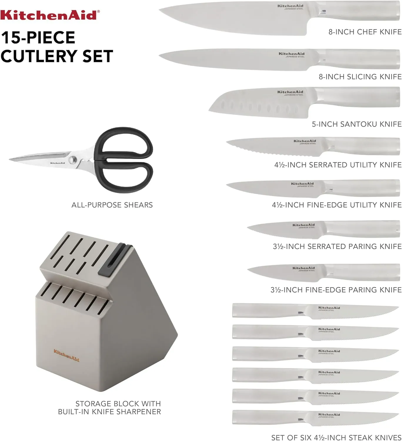 KitchenAid Gourmet Knife Block Set with Built-in Sharpener, 15-Piece, Stainless Steel
