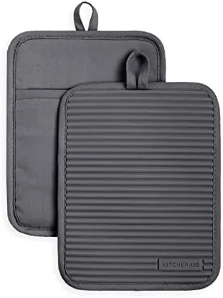 KitchenAid Ribbed Soft Silicone Oven Mitt Set, 7"x13", Grey 2 Count & Ribbed Soft Silicone Pot Holder Set, Charcoal Grey 7"x9"