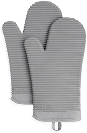 KitchenAid Ribbed Soft Silicone Oven Mitt Set, 7"x13", Grey 2 Count & Ribbed Soft Silicone Pot Holder Set, Charcoal Grey 7"x9"