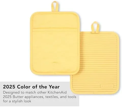 KITCHENAID Ribbed Soft Silicone Pot Holder 2-Pack Set, 7"x9", Butter Yellow
