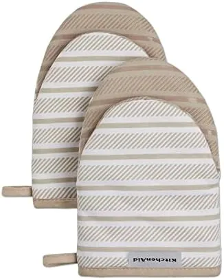 KitchenAid Ribbed Soft Silicone Water Resistant Pot Holder Set, Milkshake, 2 Piece Set, 7"x9" & Albany Mini Oven Mitt 2-Pack Set, Milkshake Tan, 5.5"x8"