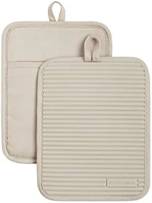 KitchenAid Ribbed Soft Silicone Water Resistant Pot Holder Set, Milkshake, 2 Piece Set, 7"x9" & Albany Mini Oven Mitt 2-Pack Set, Milkshake Tan, 5.5"x8"