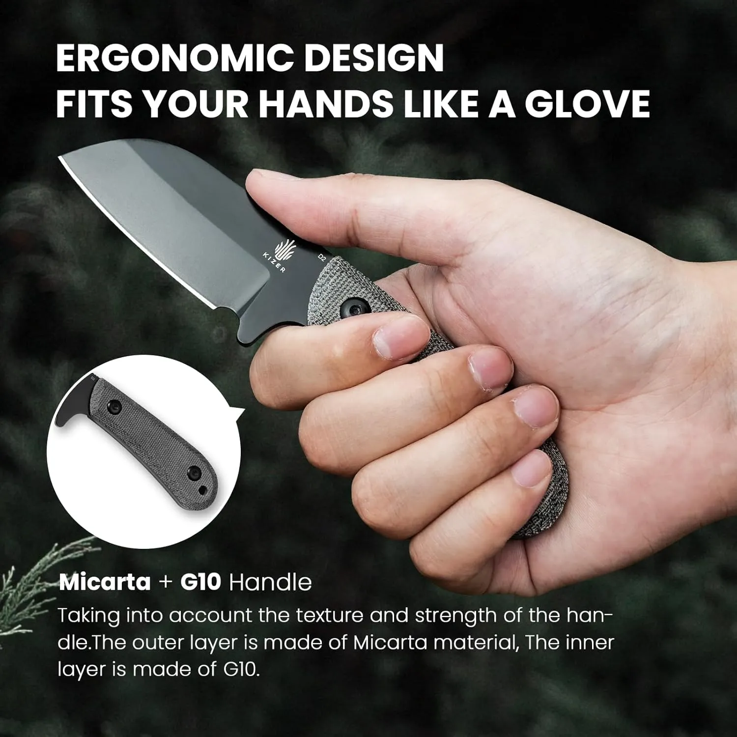 Kizer Deckhand Fixed Blade Hunting Knife with Sheath, D2 Blade Camping Knife G10 Micarta Handle Lightweight EDC Fixed Blade for Men Women Outdoor Enthusiasts, for Hunting Survival 1062A2
