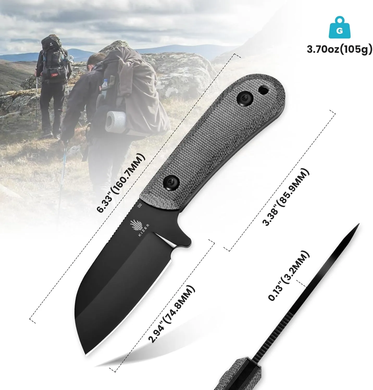 Kizer Deckhand Fixed Blade Hunting Knife with Sheath, D2 Blade Camping Knife G10 Micarta Handle Lightweight EDC Fixed Blade for Men Women Outdoor Enthusiasts, for Hunting Survival 1062A2