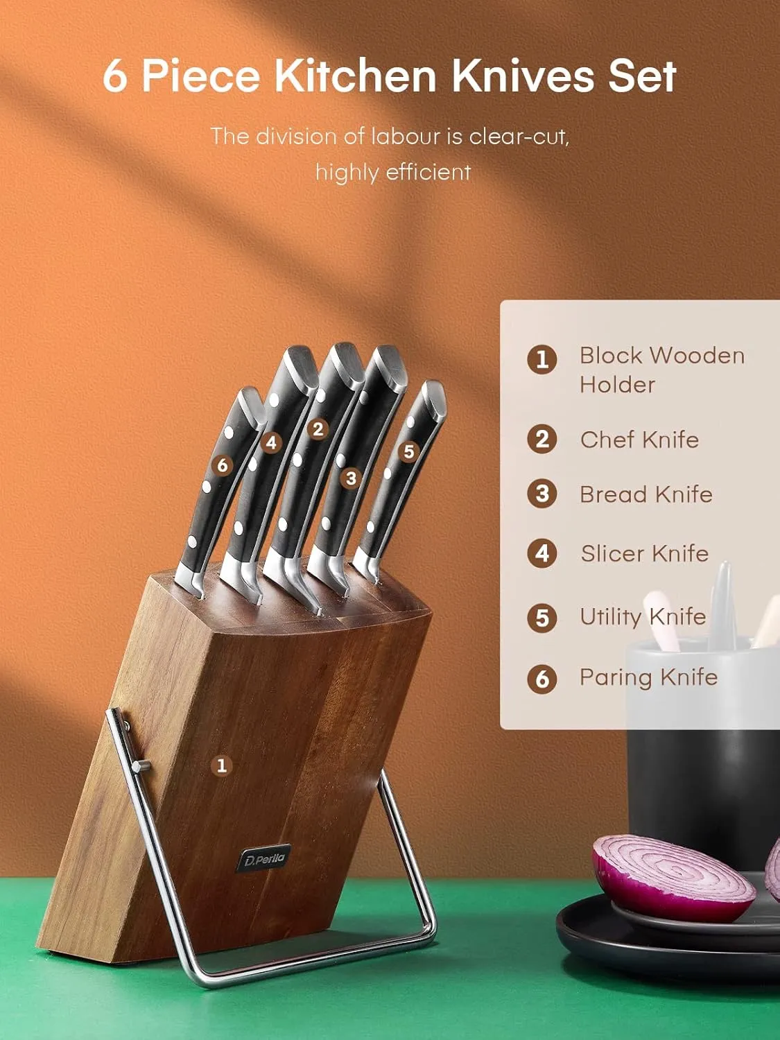 Knife Set, D.Perlla 6 Pieces Small Kitchen Knife Set with Block, German Stainless Steel Knives Set, Sharp Chef Knife Block Set, Brown