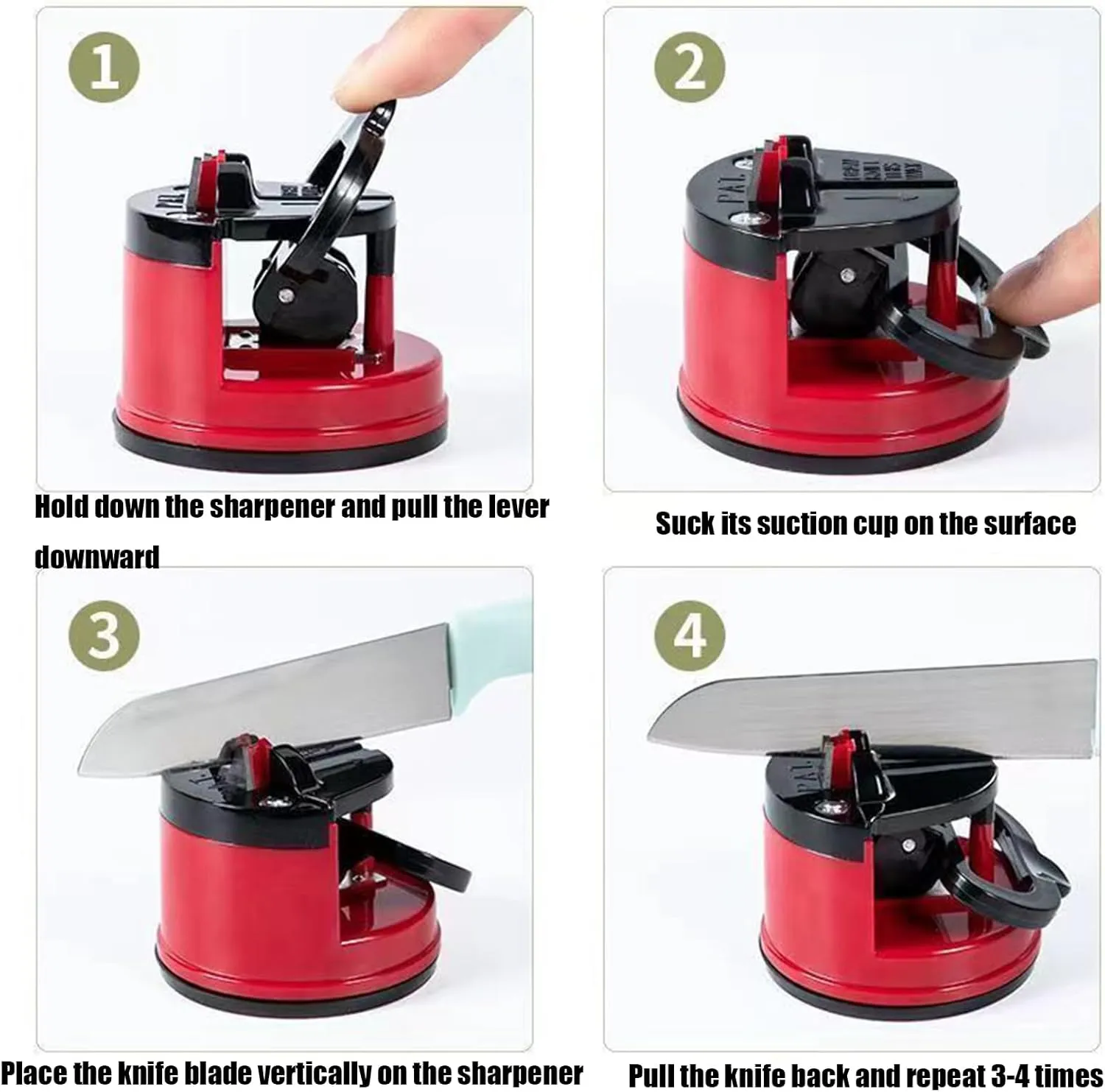 Knife Sharpener with Suction Cup, Manual Knife Sharpening Kit, Pocket Tgsten Steel Knife Sharpeners for Home Kitchen Use (Red)