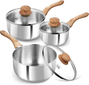 KOCH SYSTEME CS Stainless Steel Sauce Pan Set,1QT & 2QT & 3QT, Stainless Steel Pot Set 6 Piece with Bakelite Handle, Steel Saucepan Set with Lid, Induction Sauce Pots, Steel Pot Set