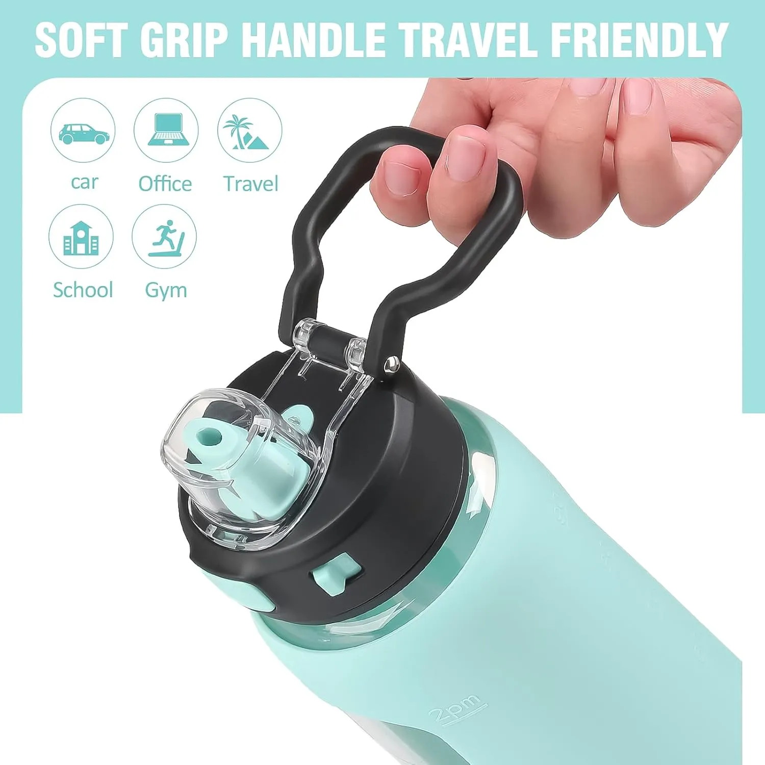 Kodrine 32 oz Glass Water Bottle with Straw and Carry Loop, One-Touch Leakproof Locking Lid, Reusable Drinking Bottle with Time Marker for Travel Home Gym Sports (light Blue)