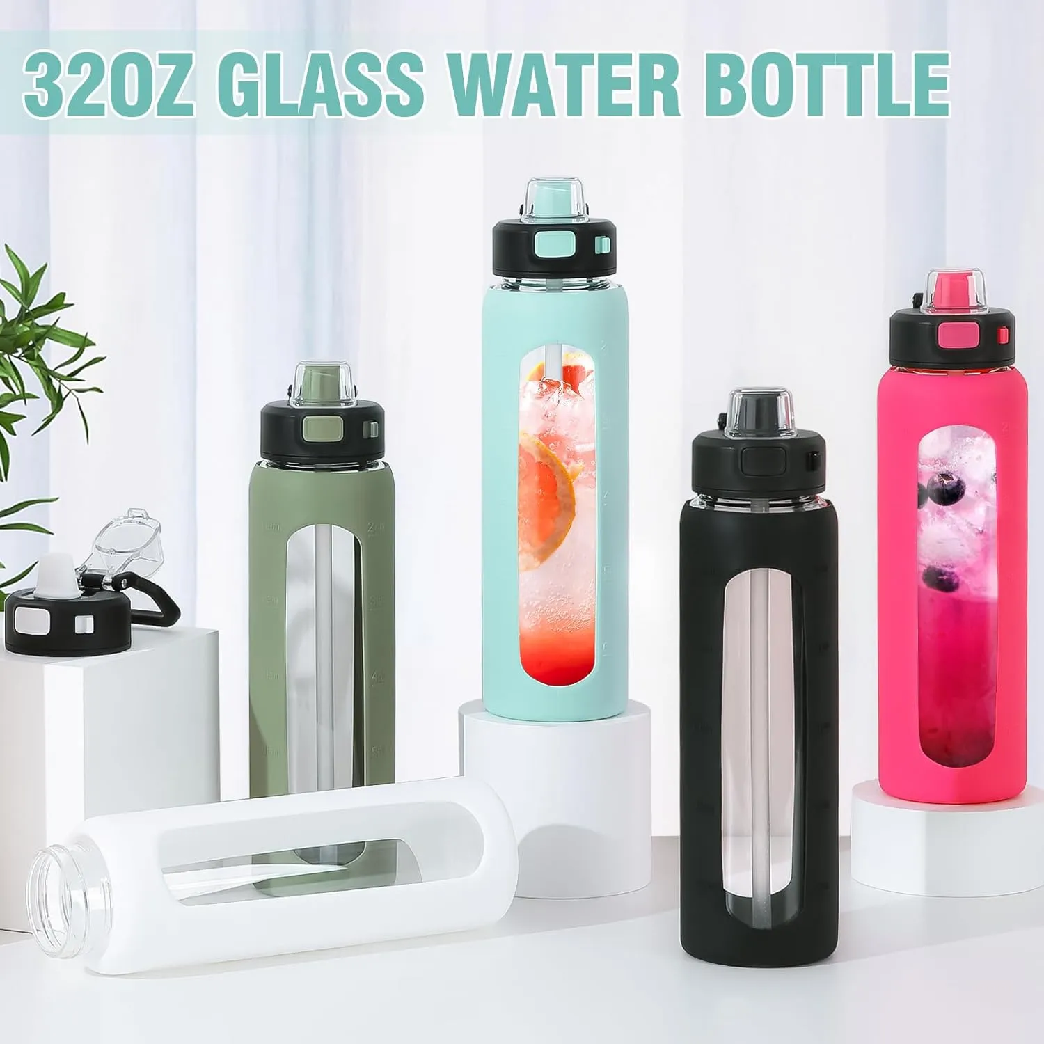 Kodrine 32 oz Glass Water Bottle with Straw and Carry Loop, One-Touch Leakproof Locking Lid, Reusable Drinking Bottle with Time Marker for Travel Home Gym Sports (light Blue)