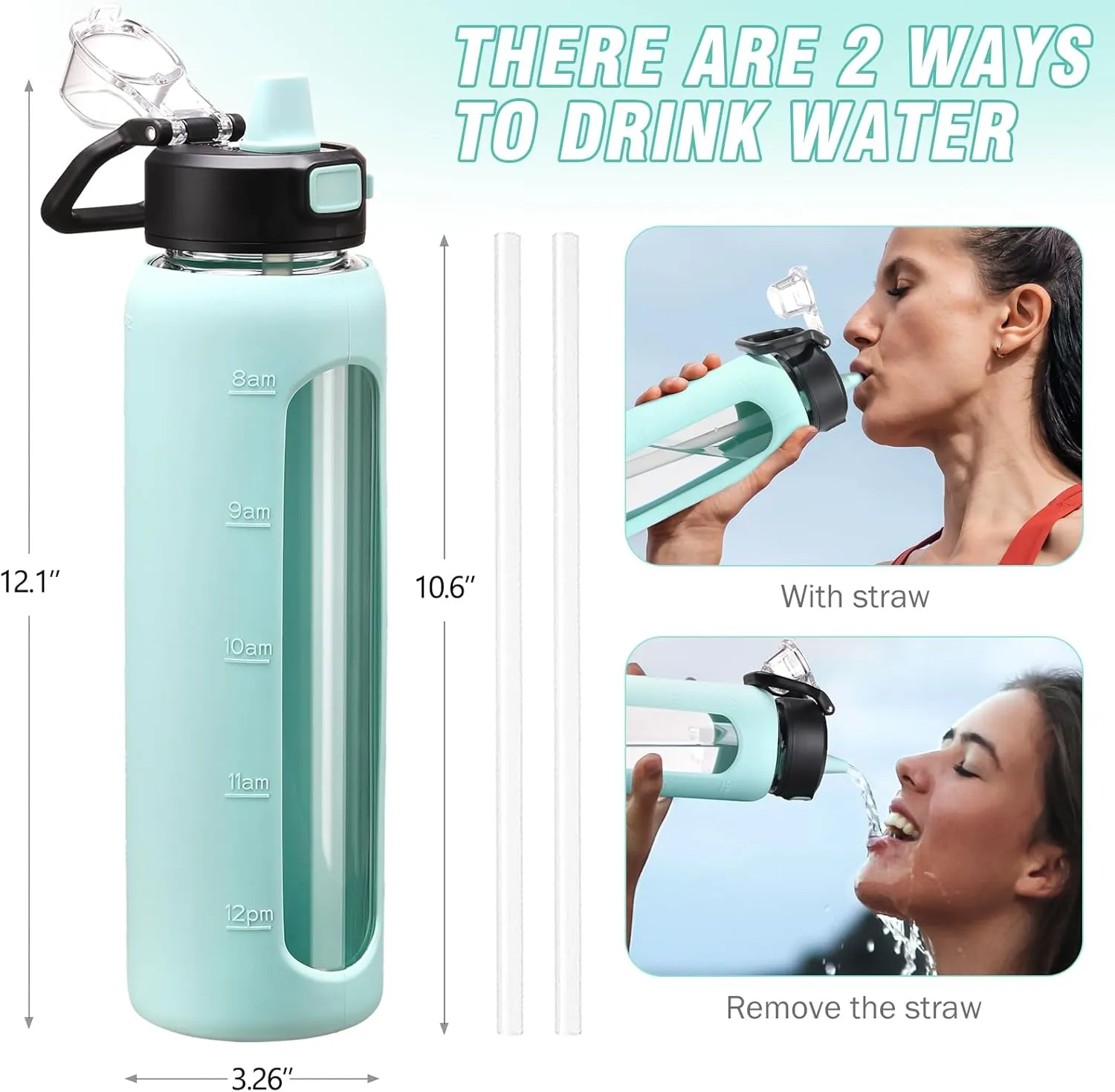 Kodrine 32 oz Glass Water Bottle with Straw and Carry Loop, One-Touch Leakproof Locking Lid, Reusable Drinking Bottle with Time Marker for Travel Home Gym Sports (light Blue)