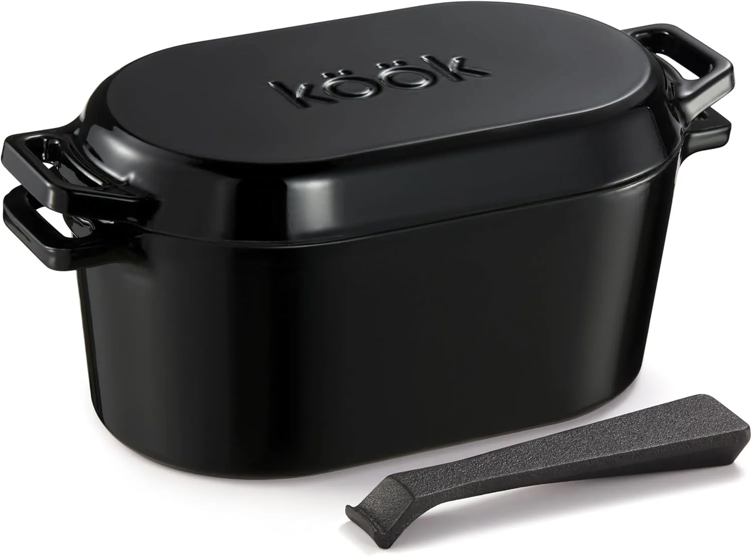KooK Dutch Oven, Oven for Sourdough Bread Baking, with Lid, Dual Handles, Enameled Cast Iron, includes Lid Lever, Great for Baking Bread, Cooking and Roasting, Dishwasher Safe, 3.4 Qt, Black