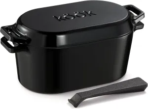 KooK Dutch Oven, Oven for Sourdough Bread Baking, with Lid, Dual Handles, Enameled Cast Iron, includes Lid Lever, Great for Baking Bread, Cooking and Roasting, Dishwasher Safe, 3.4 Qt, Black