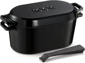 KooK Dutch Oven, Oven for Sourdough Bread Baking, with Lid, Dual Handles, Enameled Cast Iron, includes Lid Lever, Great for Baking Bread, Cooking and Roasting, Dishwasher Safe, 3.4 Qt, Black
