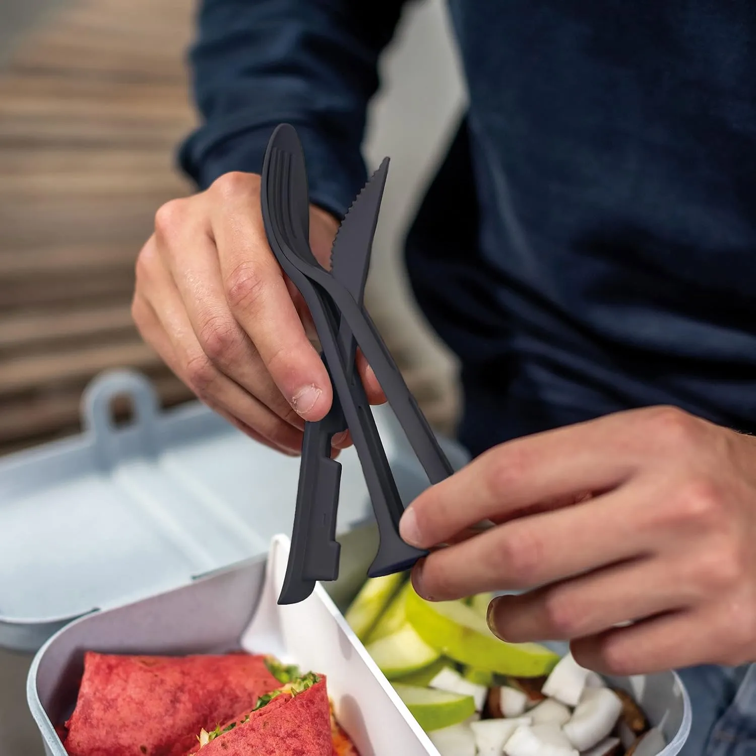 Koziol 4036670 KLIKK POCKET Plastic, Reusable, Knife, Fork, Spoon, Outdoor, Camping, Picnic, Hiking, Vacation, Lunch to go, Cutlery Set of Three, Organic Grey