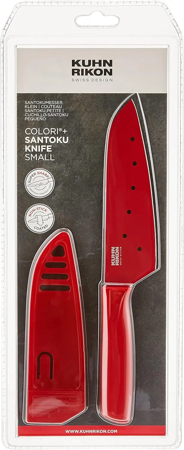 Kuhn Rikon Colori Santoku Knife with Safety Sheath, 5 inch/12.70 cm Blade, Red