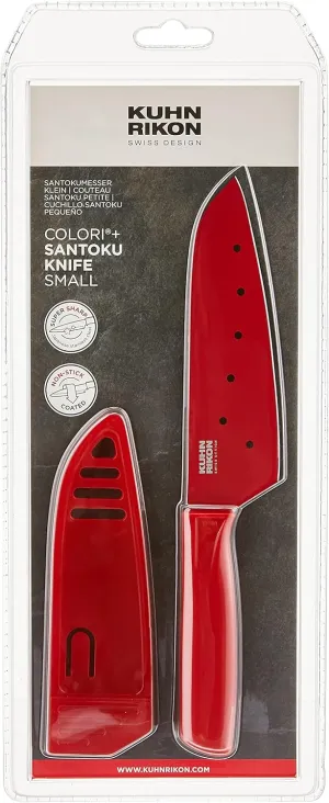 Kuhn Rikon Colori Santoku Knife with Safety Sheath, 5 inch/12.70 cm Blade, Red