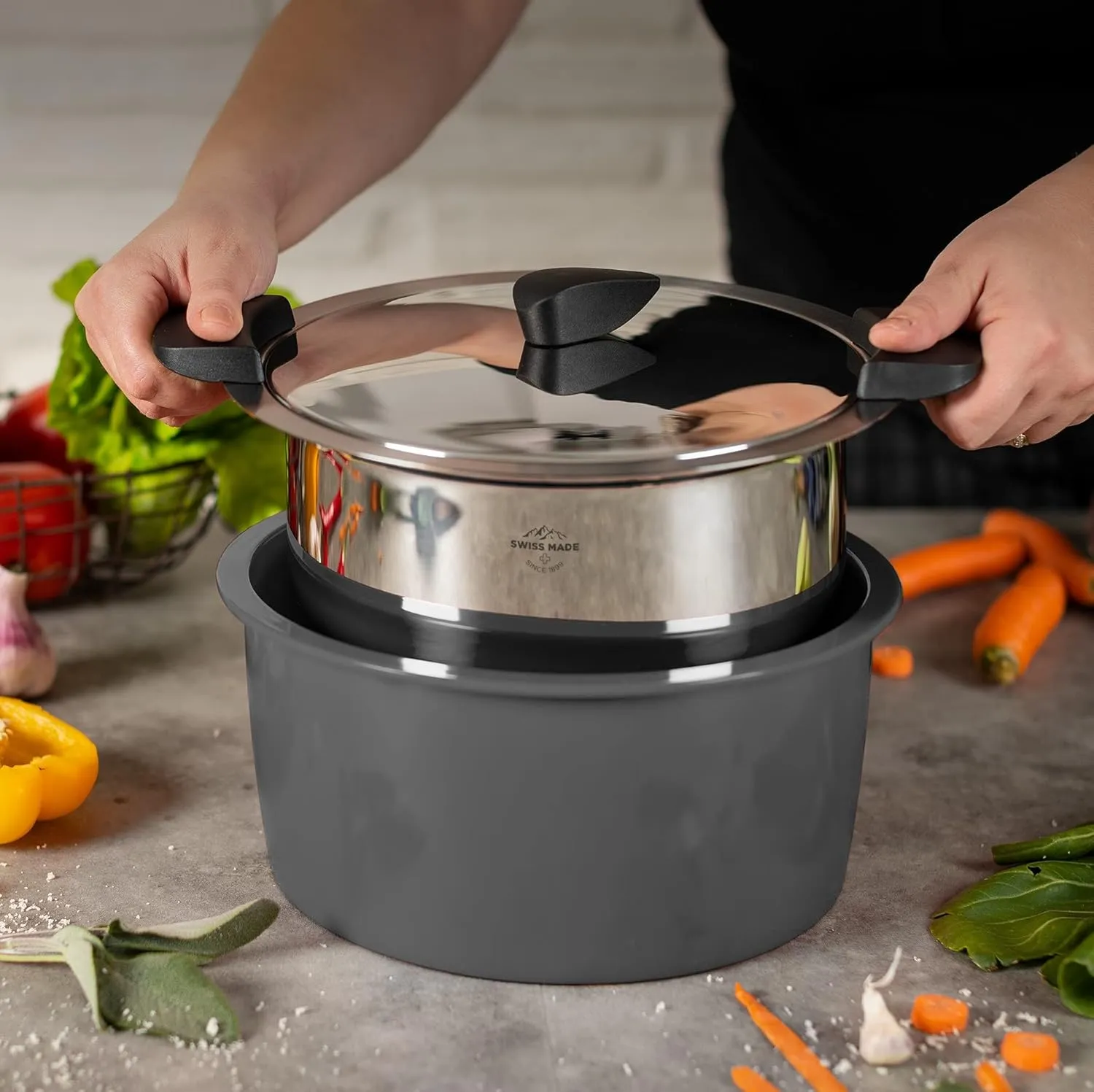 KUHN RIKON Hotpan Serving Casserole Pot, 3 Litre/22 cm, Grey, Stainless Steel
