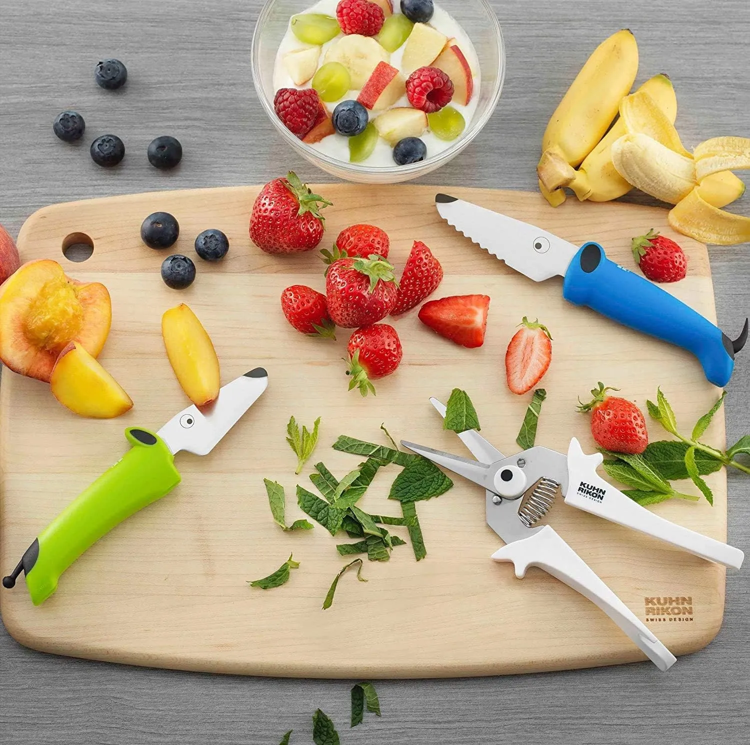 Kuhn Rikon KinderKitchen Children’s Knife, Set of 3 - Including Scissors, Green, Blue & White