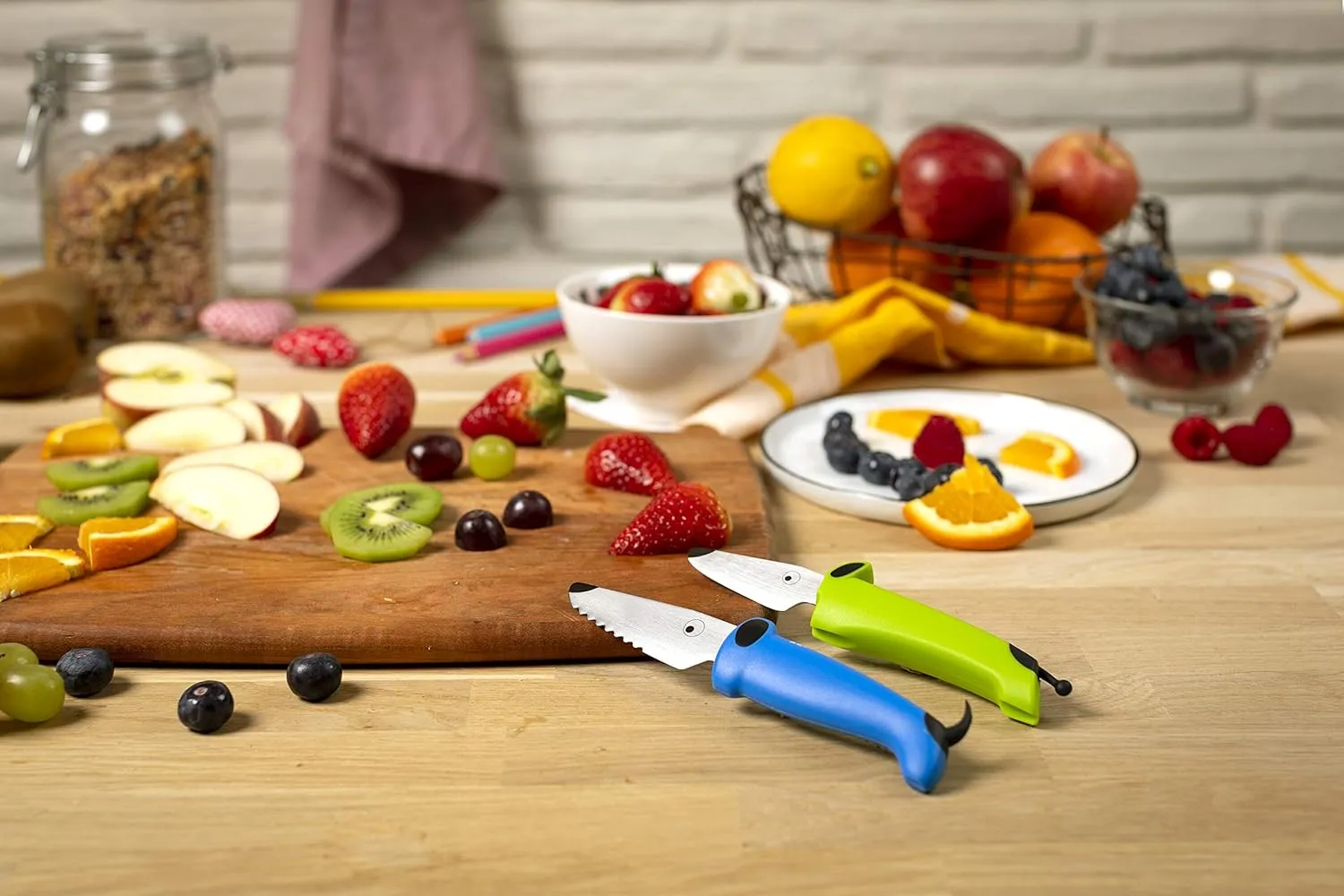Kuhn Rikon KinderKitchen Children’s Knife, Set of 3 - Including Scissors, Green, Blue & White