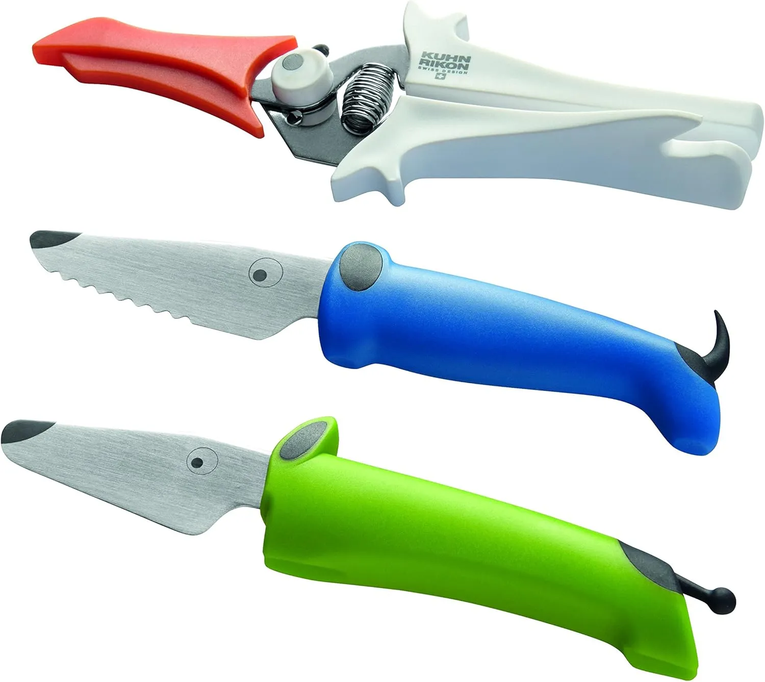 Kuhn Rikon KinderKitchen Children’s Knife, Set of 3 - Including Scissors, Green, Blue & White