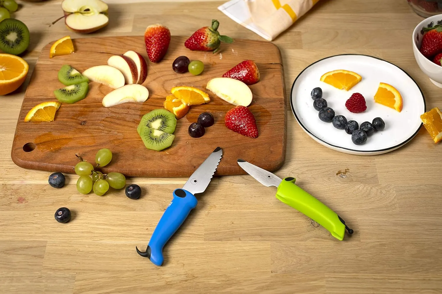 Kuhn Rikon KinderKitchen Children’s Knife, Set of 3 - Including Scissors, Green, Blue & White