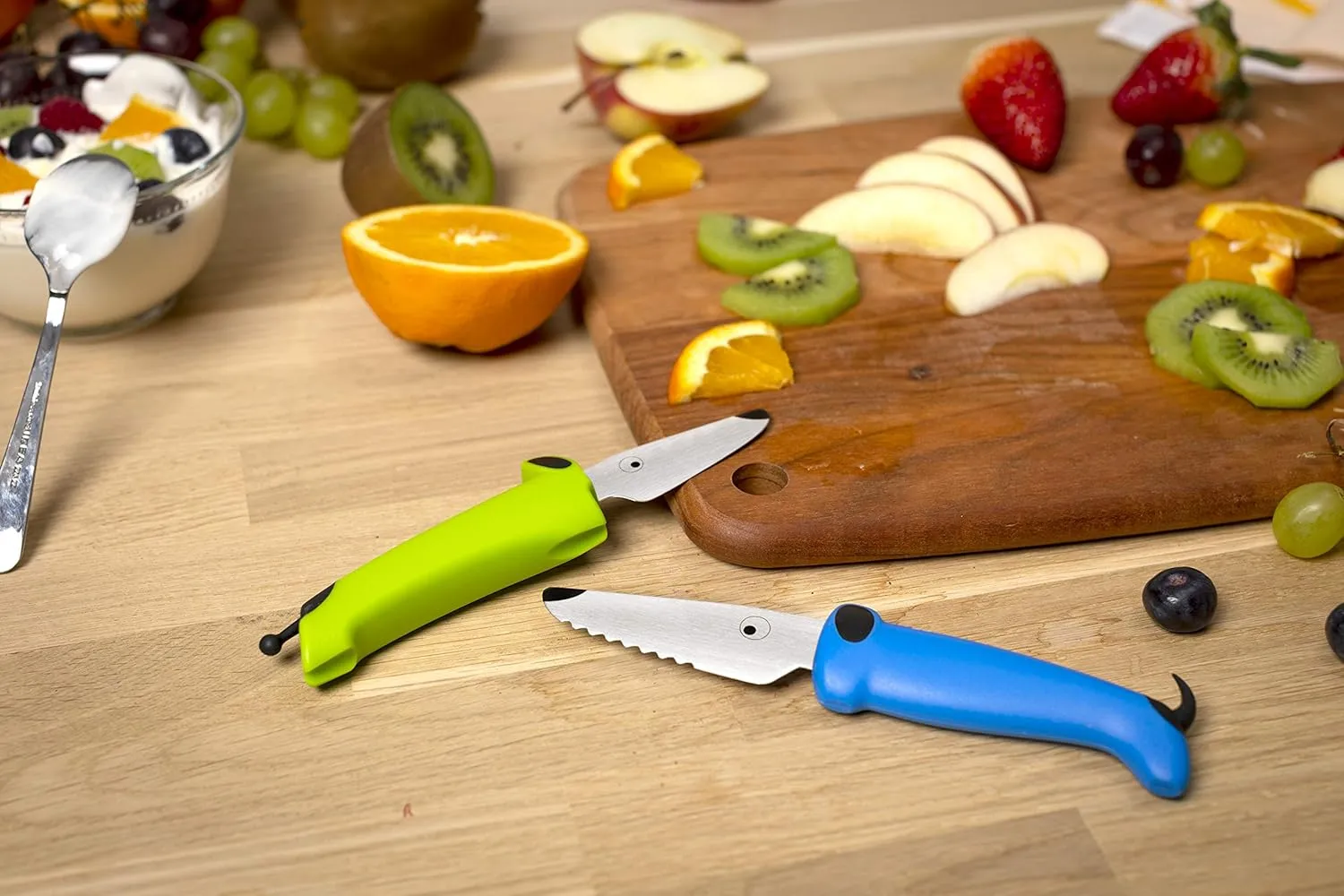 Kuhn Rikon KinderKitchen Children’s Knife, Set of 3 - Including Scissors, Green, Blue & White