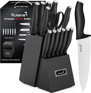Kuisine Kitchen Chef Knife Block Set,High Carbon Stainless Steel Sharp Knife Set with Built-in Sharpener,Elegant Gift(Black,15pcs)