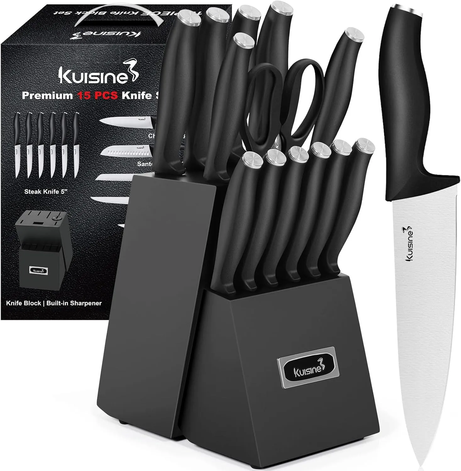 Kuisine Kitchen Chef Knife Block Set,High Carbon Stainless Steel Sharp Knife Set with Built-in Sharpener,Elegant Gift(Black,15pcs)
