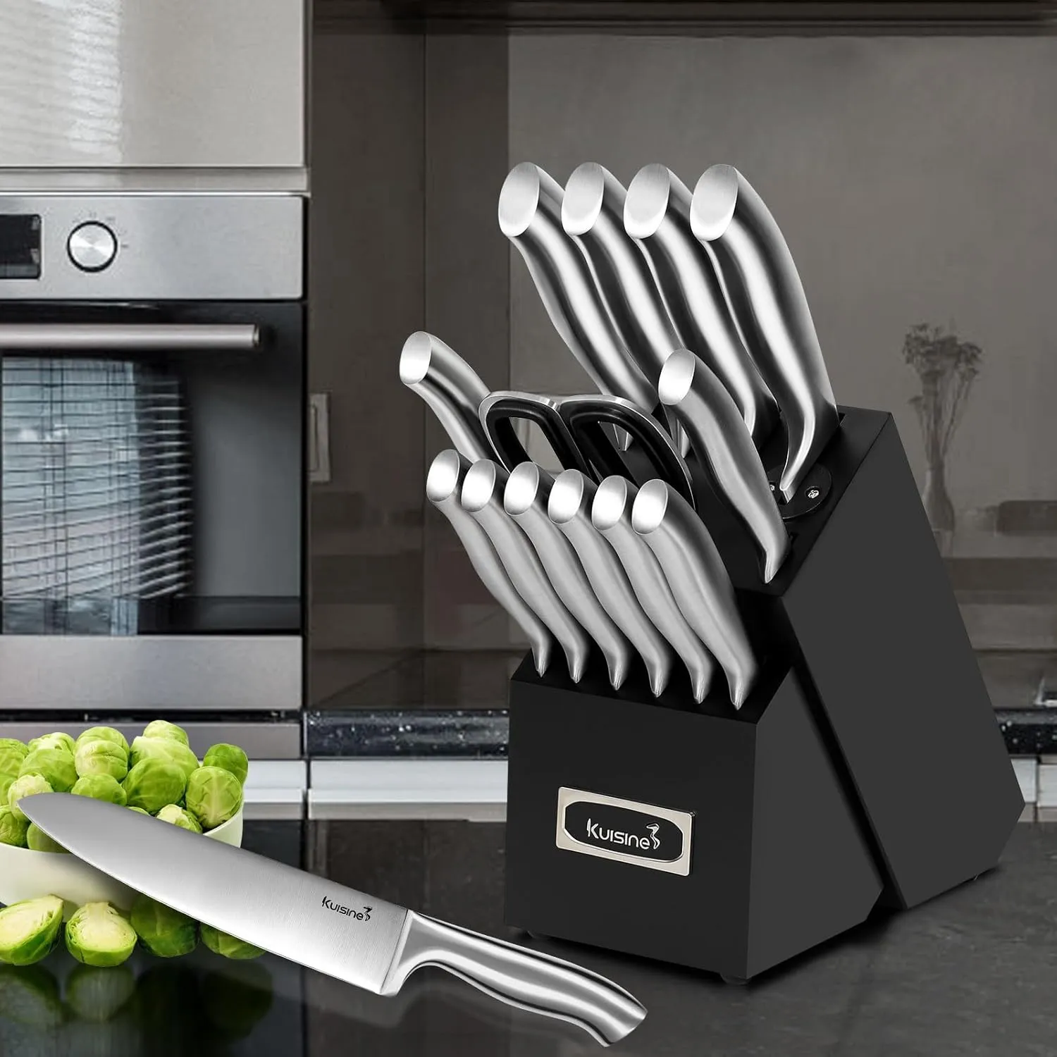 Kuisine Sharp Knife Set,One-piece Molding Kitchen Knife Set,Sharper Blade Ergonomic Non-slip Steel Handle,Block Knife Set Chef Knife Set with Built-in Sharpener(Black,15PCS)