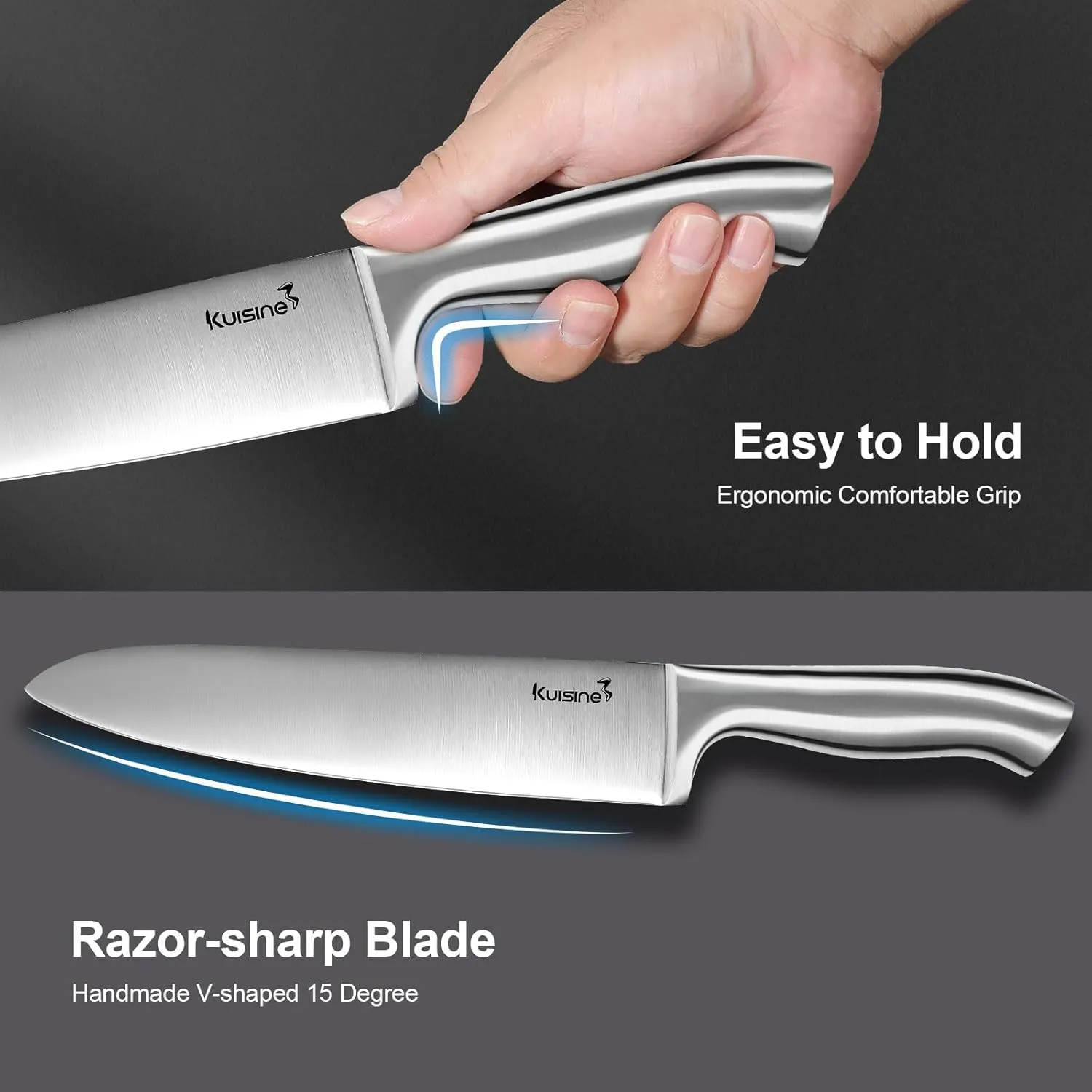 Kuisine Sharp Knife Set,One-piece Molding Kitchen Knife Set,Sharper Blade Ergonomic Non-slip Steel Handle,Block Knife Set Chef Knife Set with Built-in Sharpener(Black,15PCS)