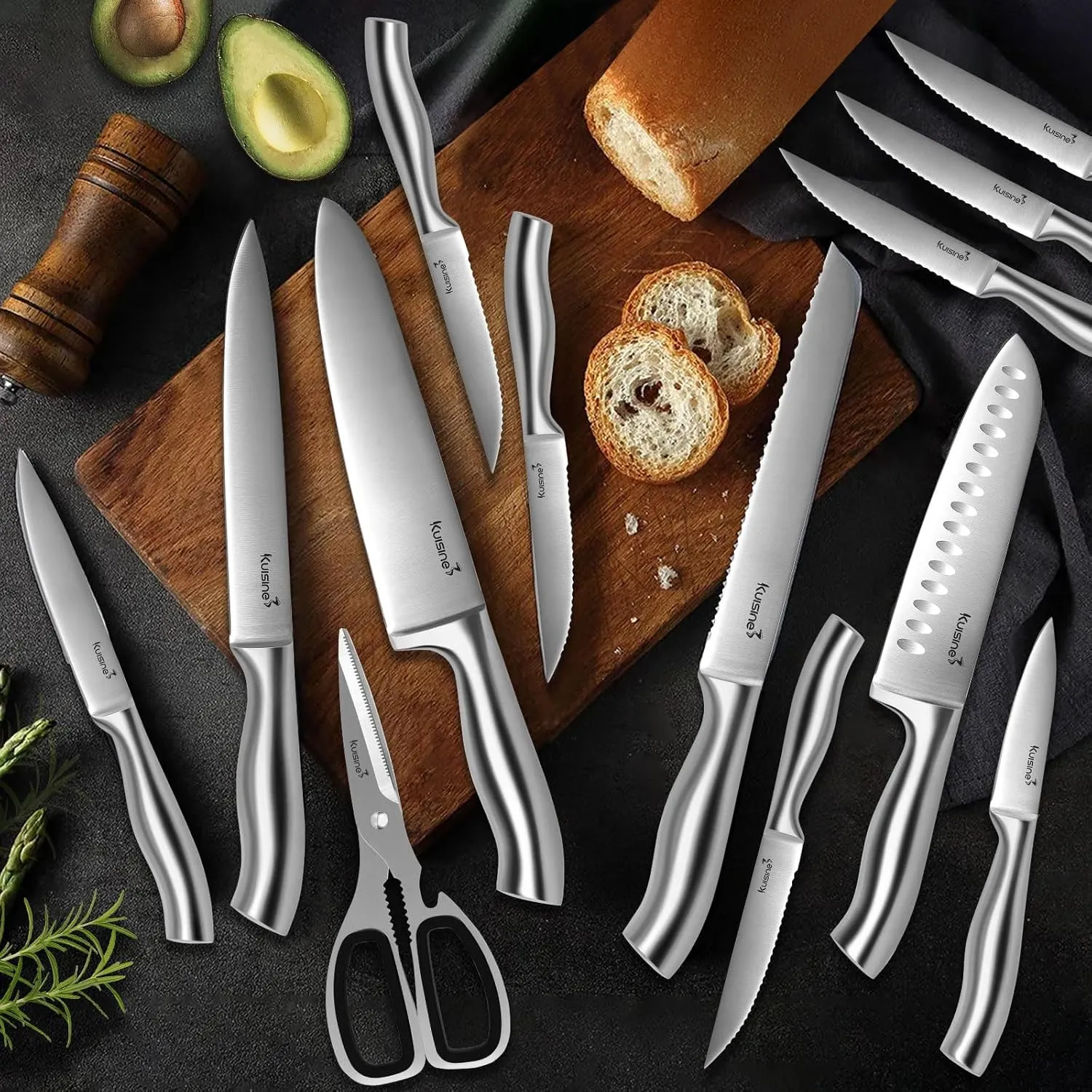 Kuisine Sharp Knife Set,One-piece Molding Kitchen Knife Set,Sharper Blade Ergonomic Non-slip Steel Handle,Block Knife Set Chef Knife Set with Built-in Sharpener(Black,15PCS)