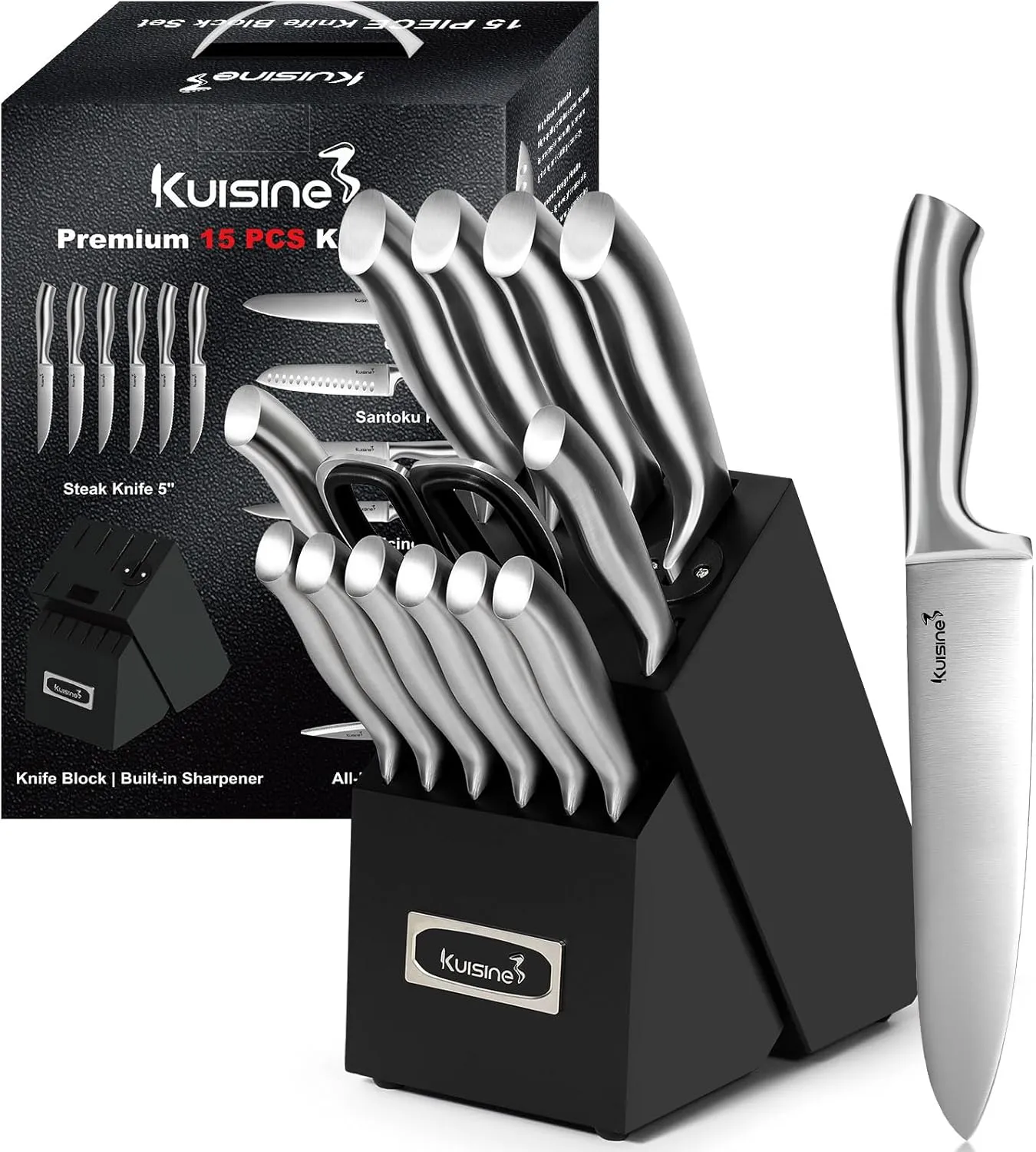 Kuisine Sharp Knife Set,One-piece Molding Kitchen Knife Set,Sharper Blade Ergonomic Non-slip Steel Handle,Block Knife Set Chef Knife Set with Built-in Sharpener(Black,15PCS)