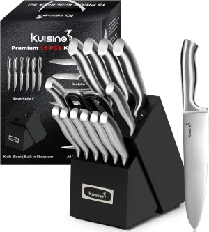 Kuisine Sharp Knife Set,One-piece Molding Kitchen Knife Set,Sharper Blade Ergonomic Non-slip Steel Handle,Block Knife Set Chef Knife Set with Built-in Sharpener(Black,15PCS)