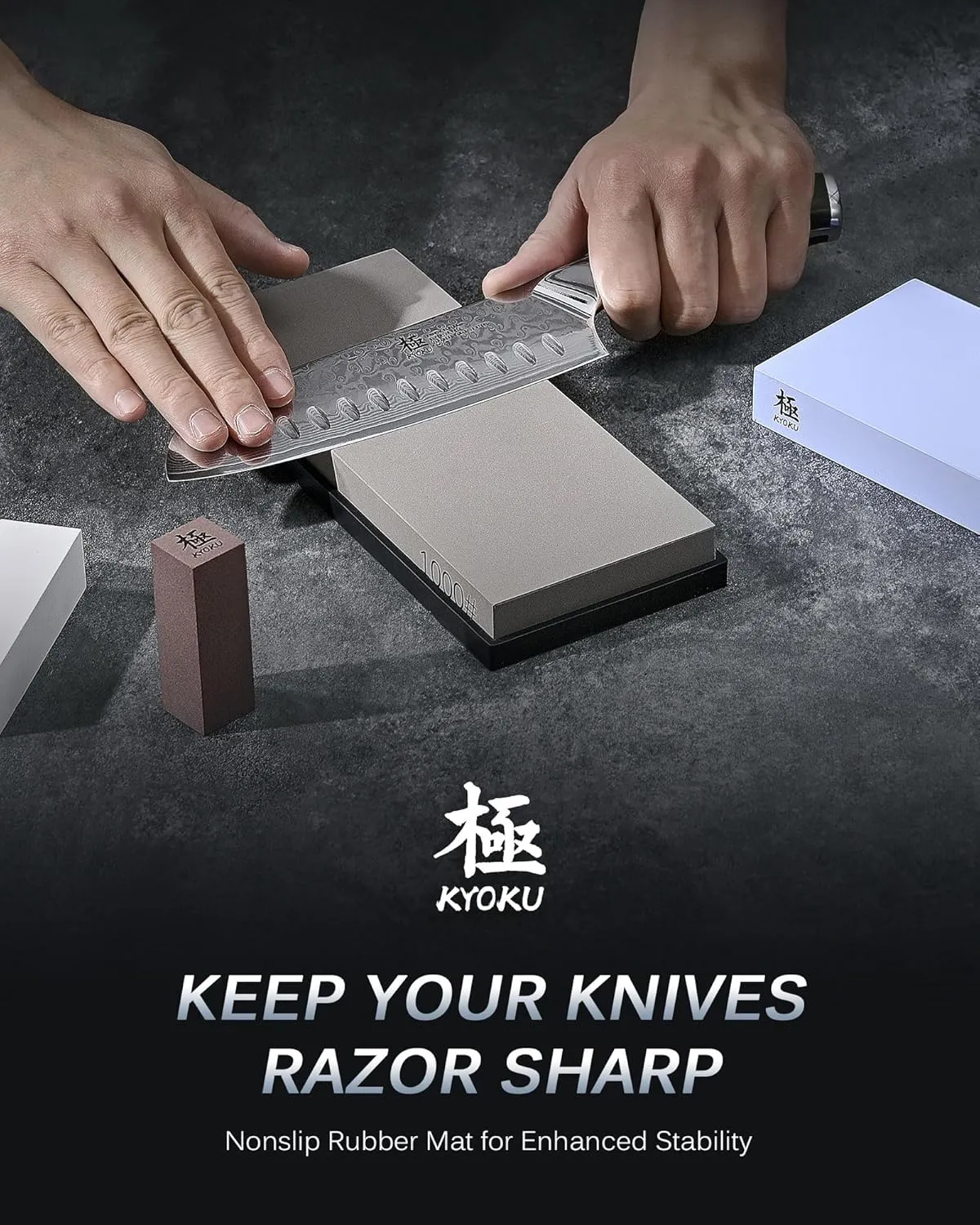 KYOKU Sharpening Stone Whetstone Kit, Knife Sharpening Set with 1000 & 6000 Grit Knife Sharpener Stones, Professional Japanese Whetstone Bundle with Nonslip Rubber Mat Rust Remover Flattening Stone