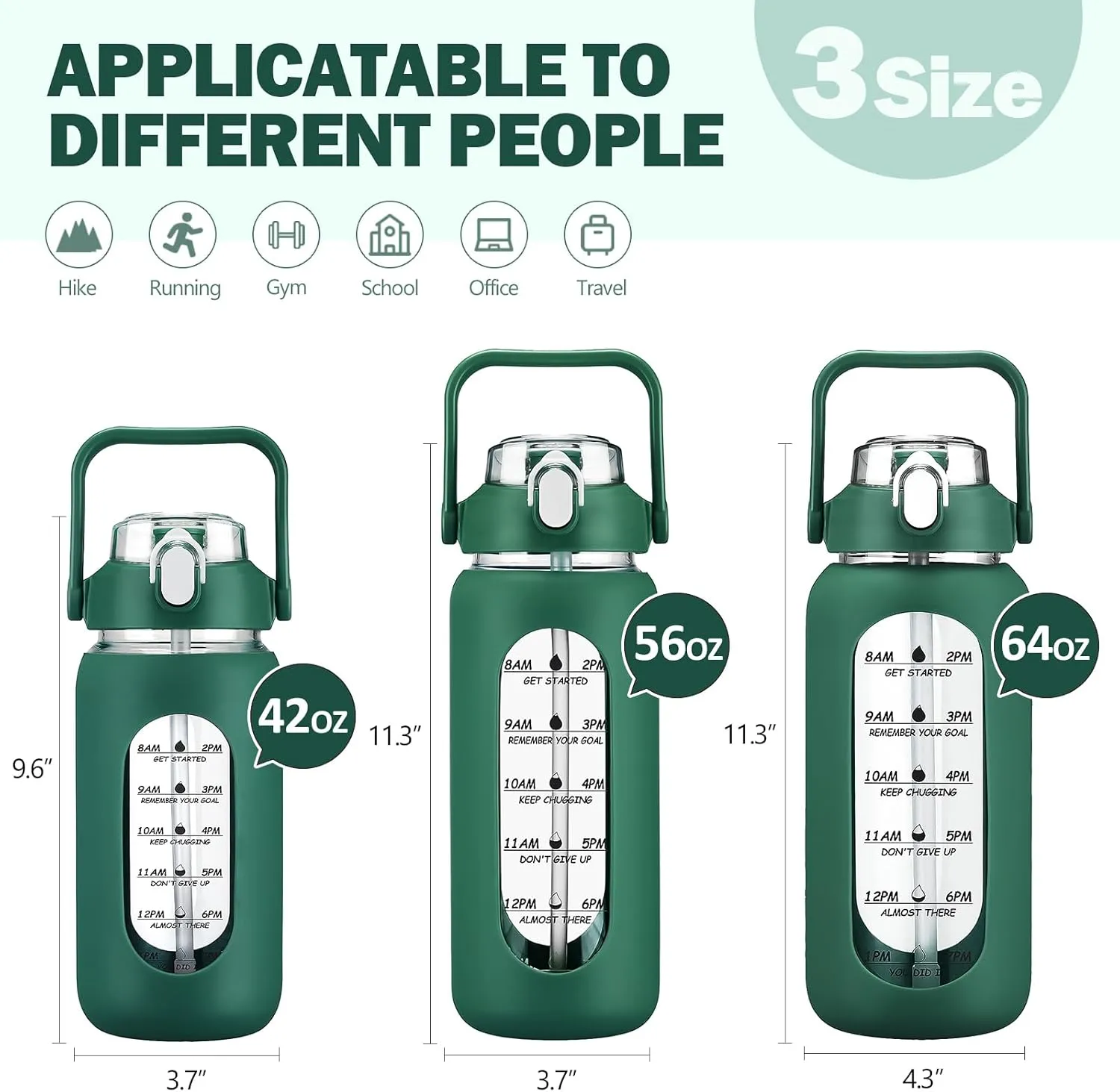 kytffu 42oz Glass Water Bottles with Straw, Motivational Glass Bottle with Silicone Sleeve and Time Marker, Leakproof Large Glass Water Jug for Gym Home Office, Ink green