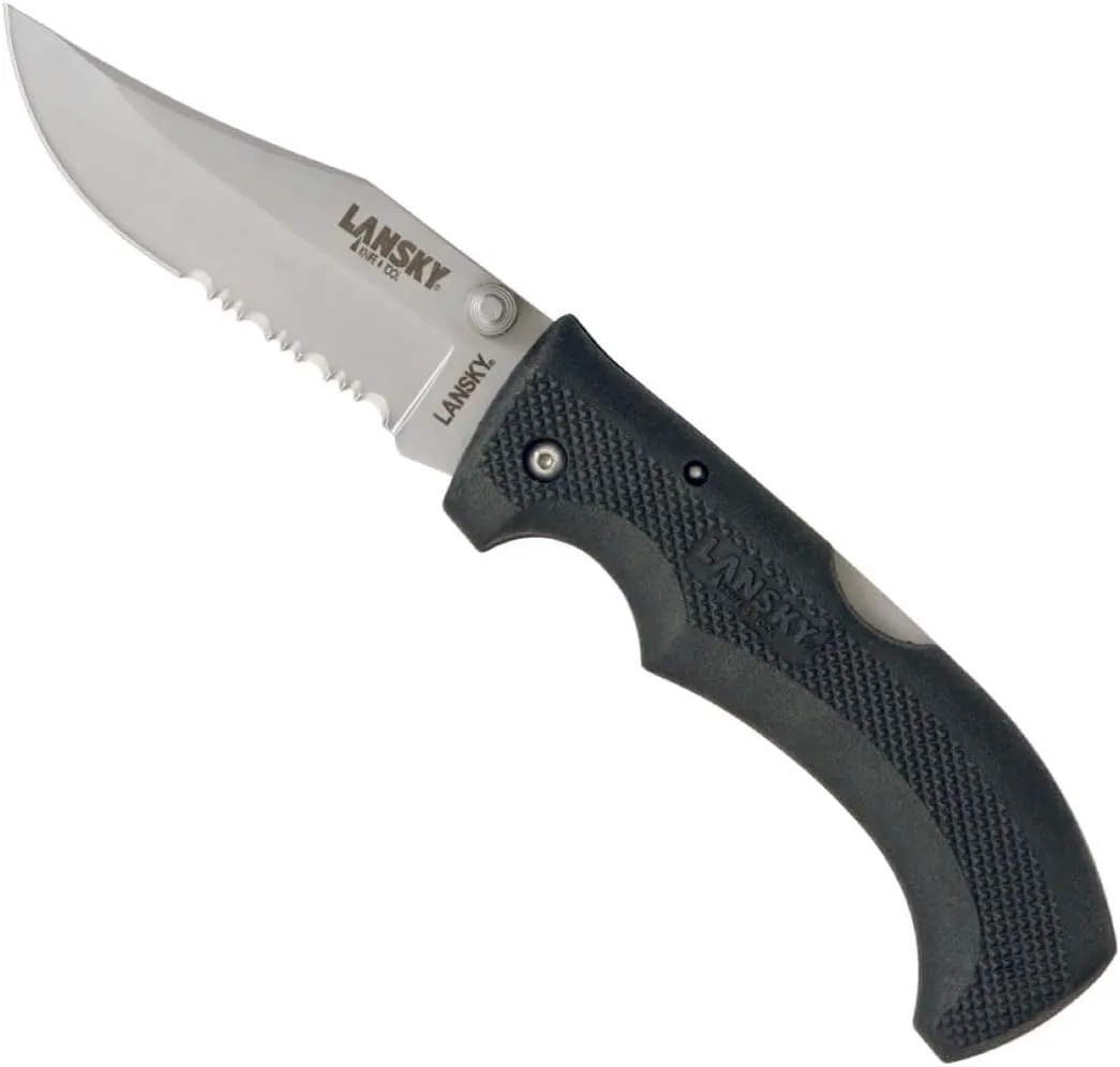 Lansky 8.5" EasyGrip Stainless Steel Folding Pocket Knife, 3.75in Clip Point Serrated Blade and Rubber Handle for Outdoor Survival and EDC – LKN030