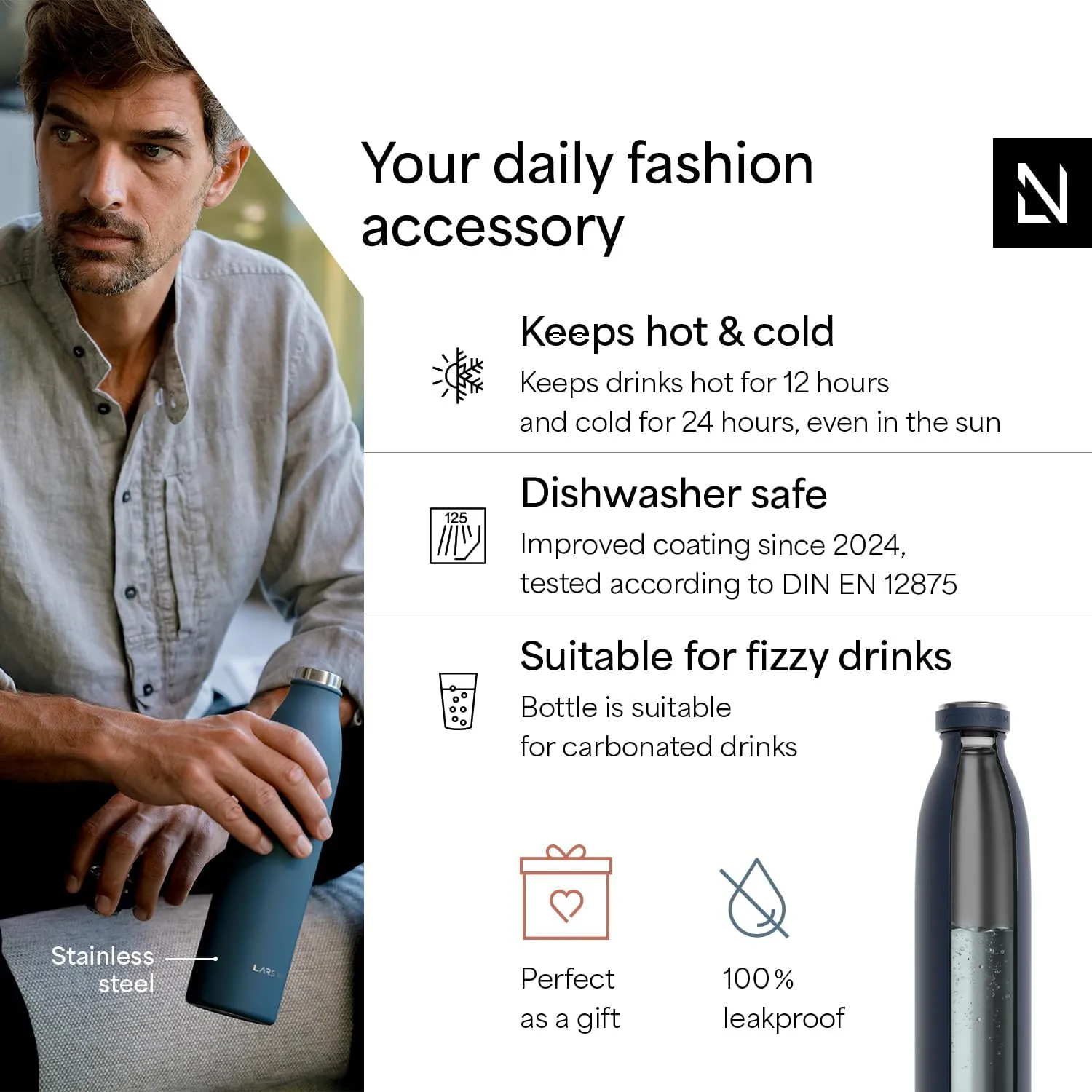 LARS NYSØM Stainless Steel Insulated Water Bottle 12oz 17oz 25oz 34oz 51oz | Insulated Thermo Flask for Hot and Cold Beverages | Leakproof Drinking Bottle (Midnight Blue, 17oz)