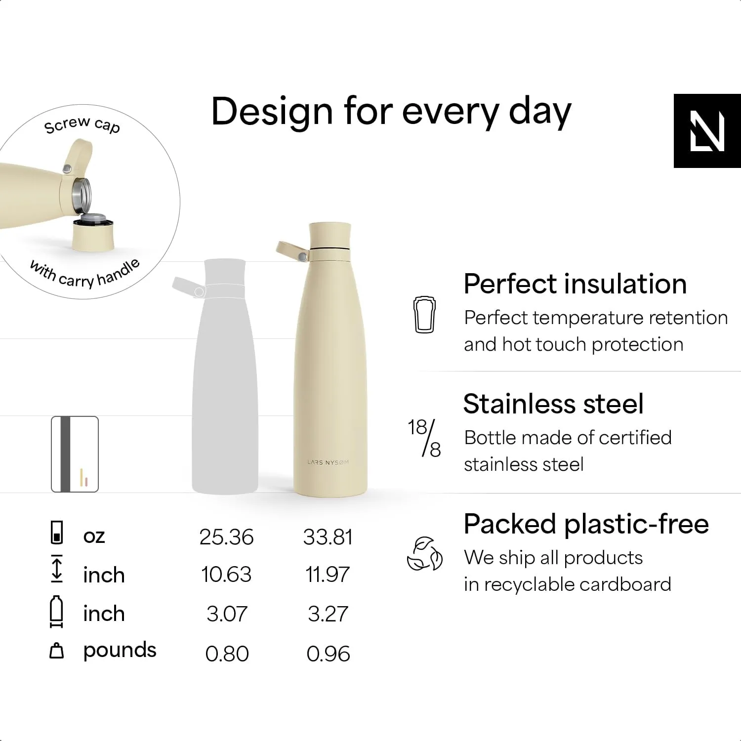 LARS NYSØM Stainless Steel Insulated Water Bottle 25 oz 34 oz | Insulated Thermo Flask for Hot and Cold Beverages | Leakproof Drinking Bottle (Pine Green, 33.8 oz)
