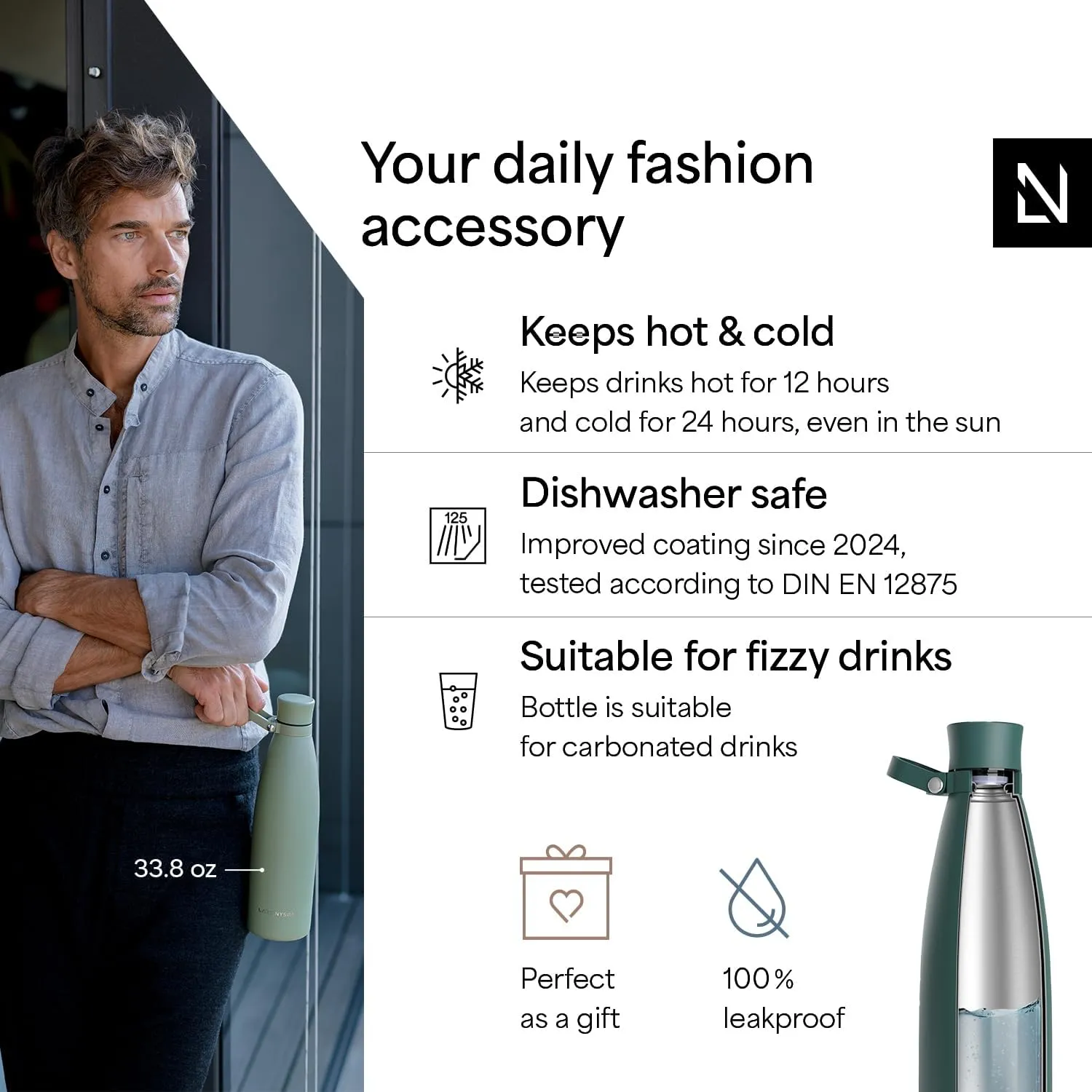 LARS NYSØM Stainless Steel Insulated Water Bottle 25 oz 34 oz | Insulated Thermo Flask for Hot and Cold Beverages | Leakproof Drinking Bottle (Pine Green, 33.8 oz)