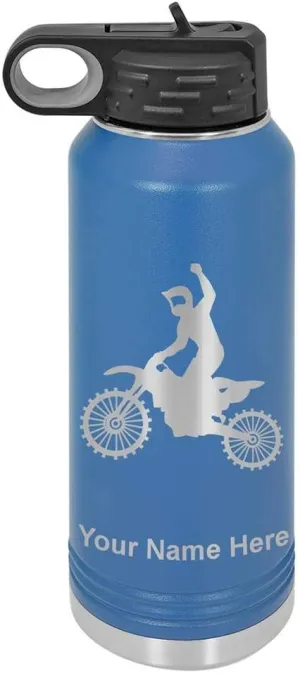 LaserGram Personalized Water Bottle, Motocross, Stainless Steel Double Wall Vacuum Insulated with Flip Top Straw, Custom Engraved Gift (40oz / 1180ml Dark Blue)