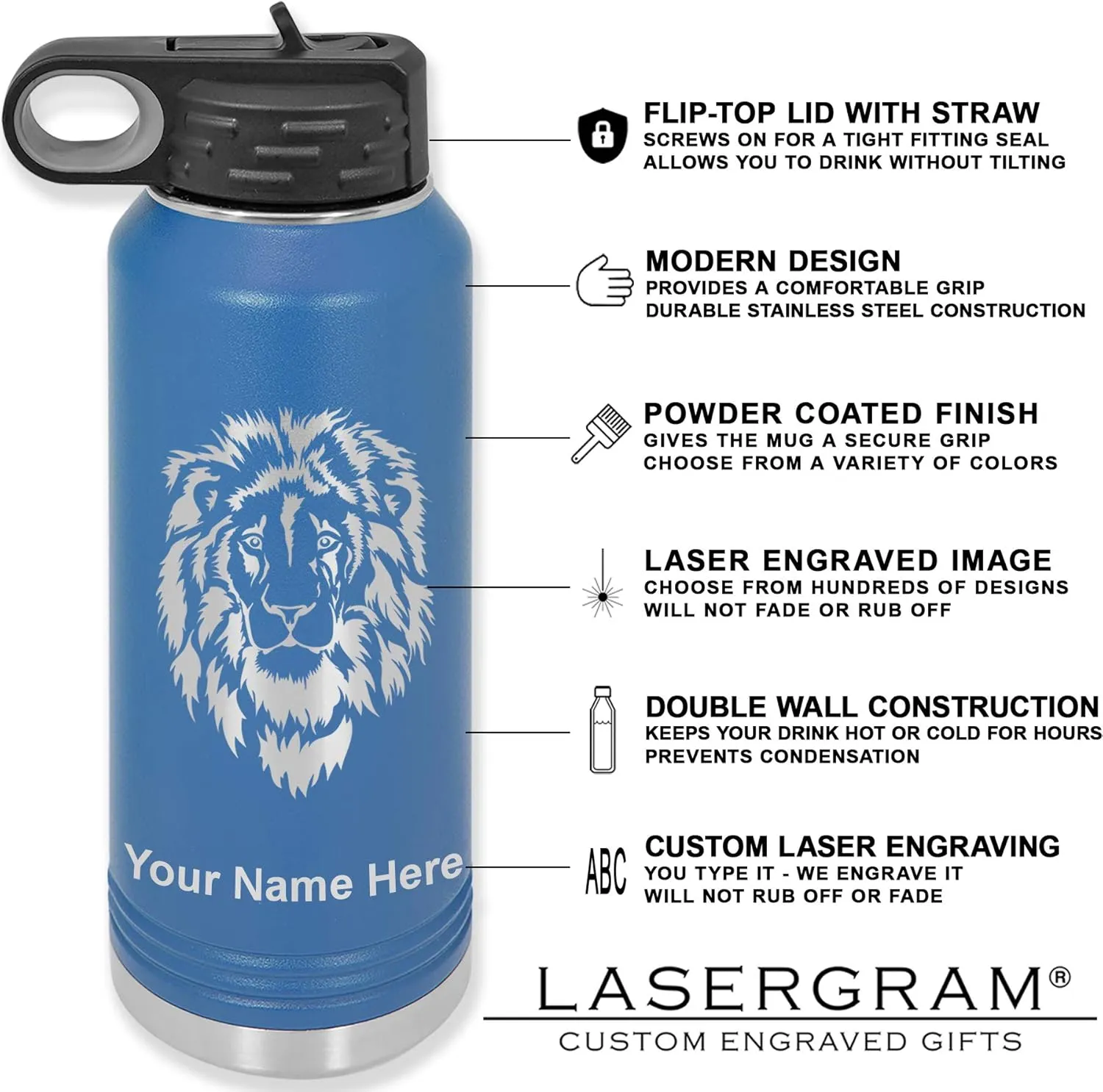 LaserGram Personalized Water Bottle, Motocross, Stainless Steel Double Wall Vacuum Insulated with Flip Top Straw, Custom Engraved Gift (40oz / 1180ml Dark Blue)