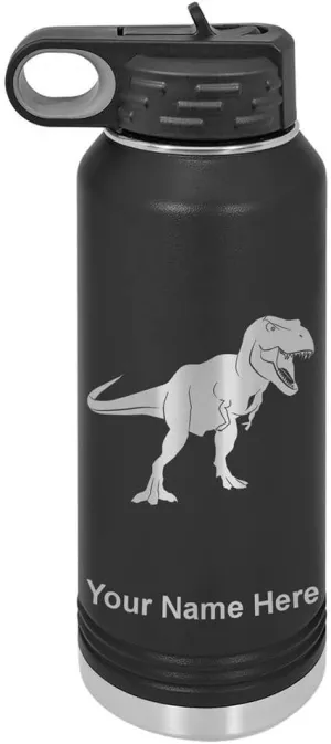 LaserGram Personalized Water Bottle, Tyrannosaurus Rex Dinosaur, Stainless Steel Double Wall Vacuum Insulated with Flip Top Straw, Custom Engraved Gift (40oz / 1180ml Black)