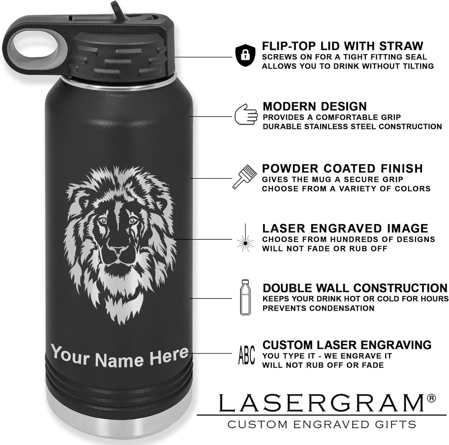 LaserGram Personalized Water Bottle, Tyrannosaurus Rex Dinosaur, Stainless Steel Double Wall Vacuum Insulated with Flip Top Straw, Custom Engraved Gift (40oz / 1180ml Black)