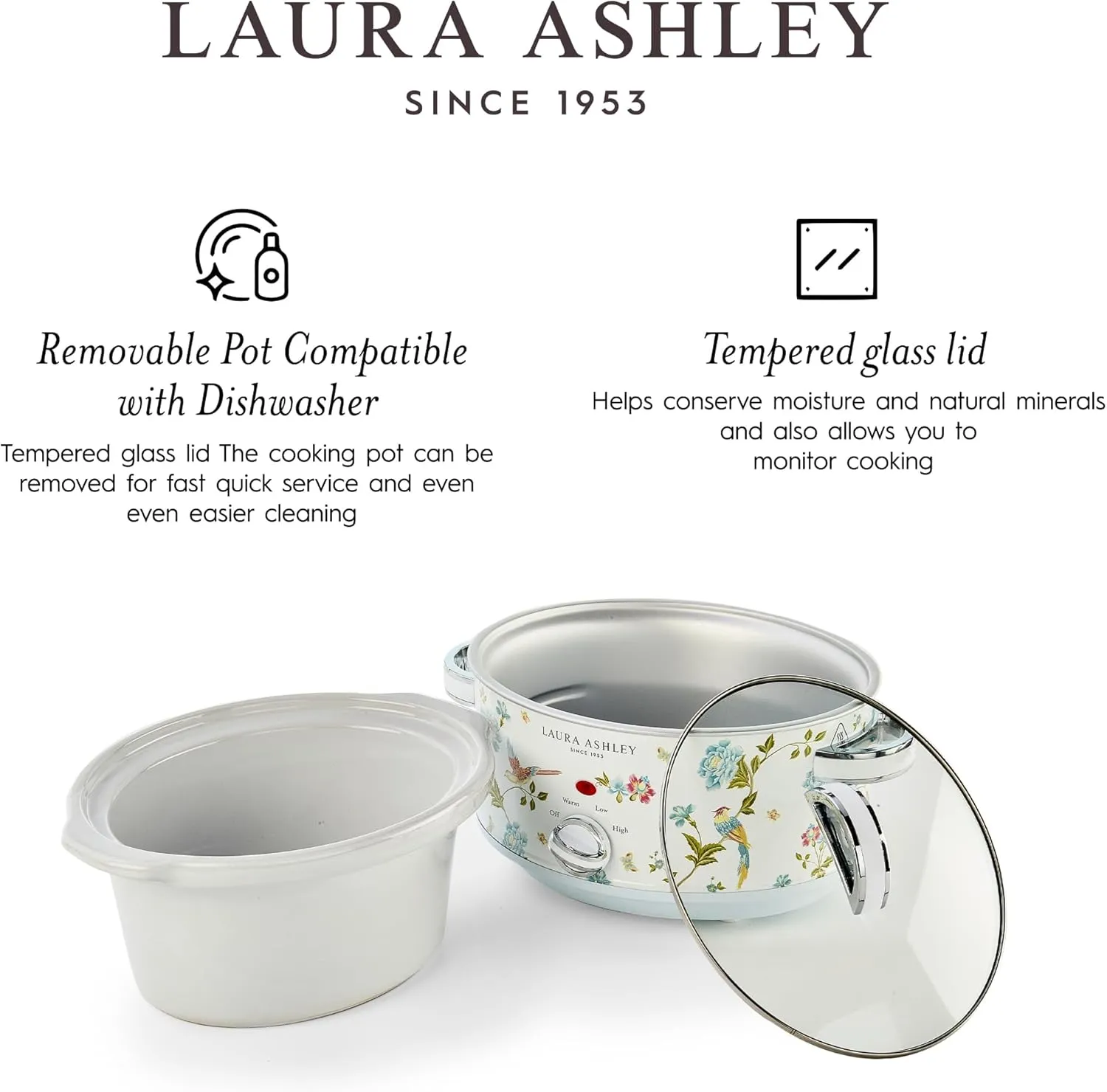 Laura Ashley Slow Cooker 3.7 Quart - Large Slow Cooker 3.7 QT for 4 to 5 People - Energy Efficient Slow Cookers with 3 Heat Settings - Dishwasher Safe Removeable Ceramic Crock & Tempered Glass Lid